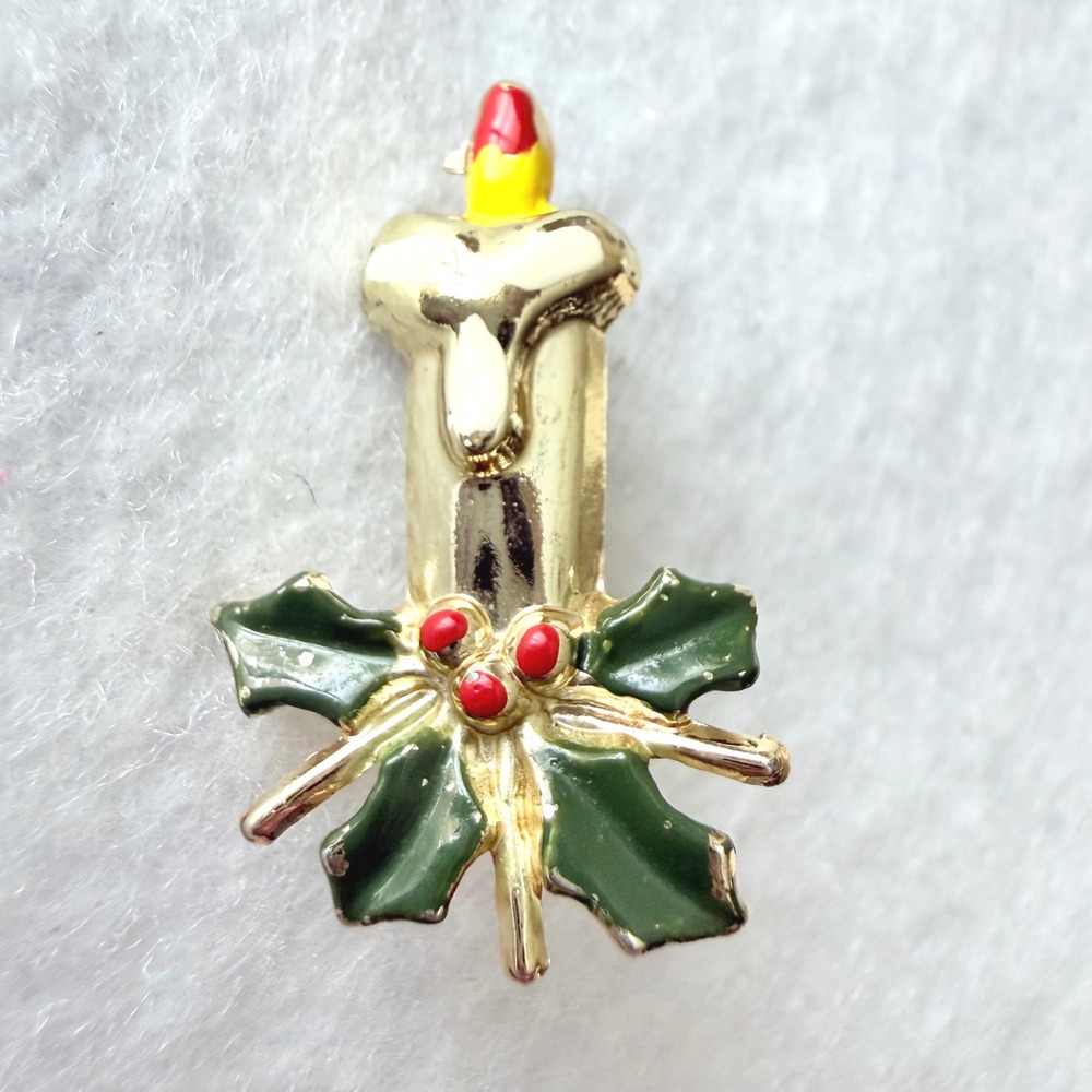 Vintage Christmas Candle Brooch Gold Tone Enamel Holly Holiday Pin 1 Inch